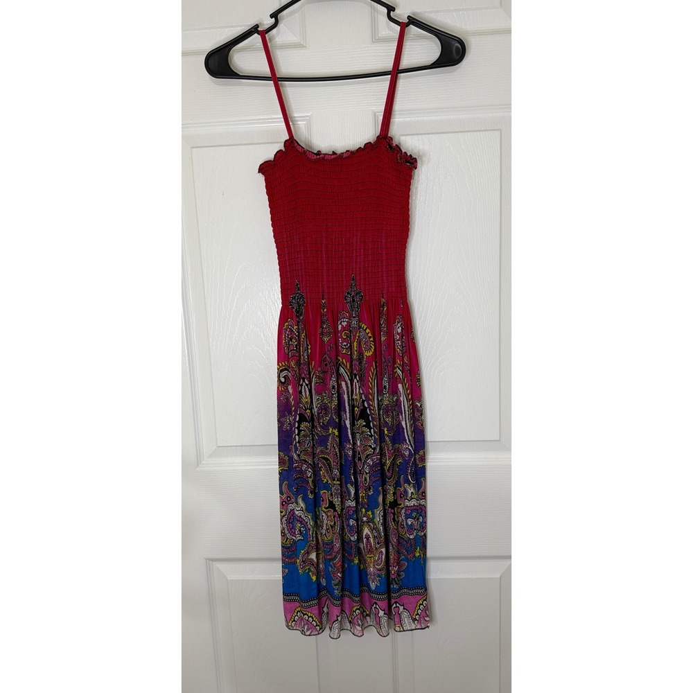 Carnival Fashion Dress Womens Medium Red Paisley Boho Smocked Sun Dress Boho